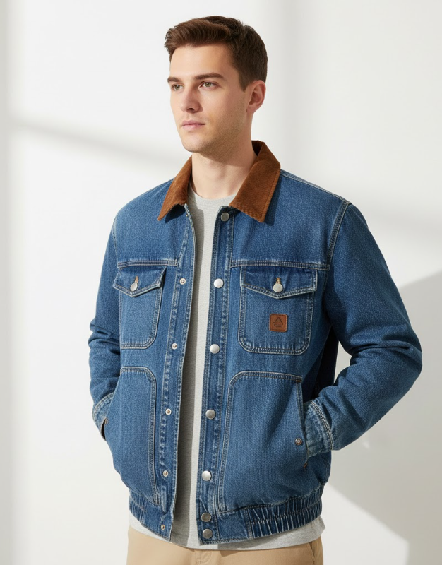 Contrast-Collar Denim Bomber Jacket