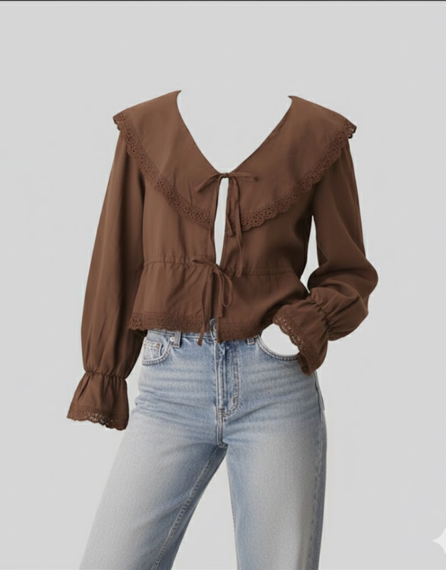 Cotton Tie-Front Ruffle Boho Blouse