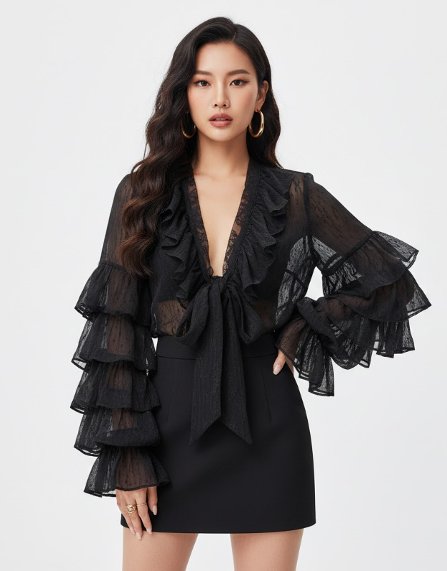 Chiffon Tie-Front Ruffle Blouse