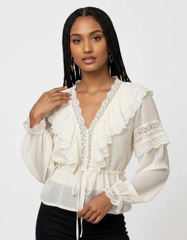 Lace Tie-Front Ruffle Blouse