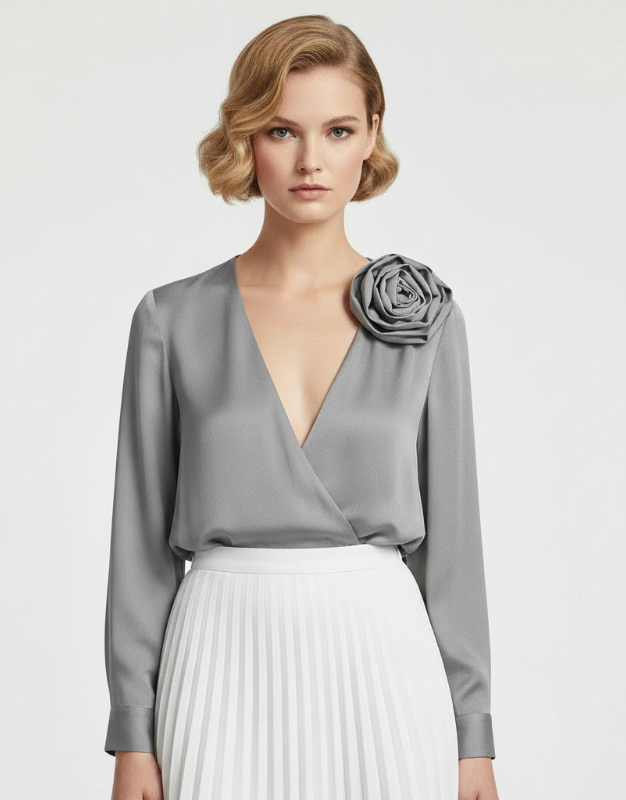 Silk‑Blend Grey Blouse