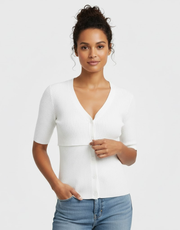 Double-Layer Short-Sleeve Fine-Knit Cardigan