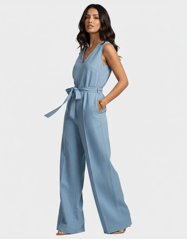Sleeveless Linen-Mix Jumpsuit with Waisted Belt